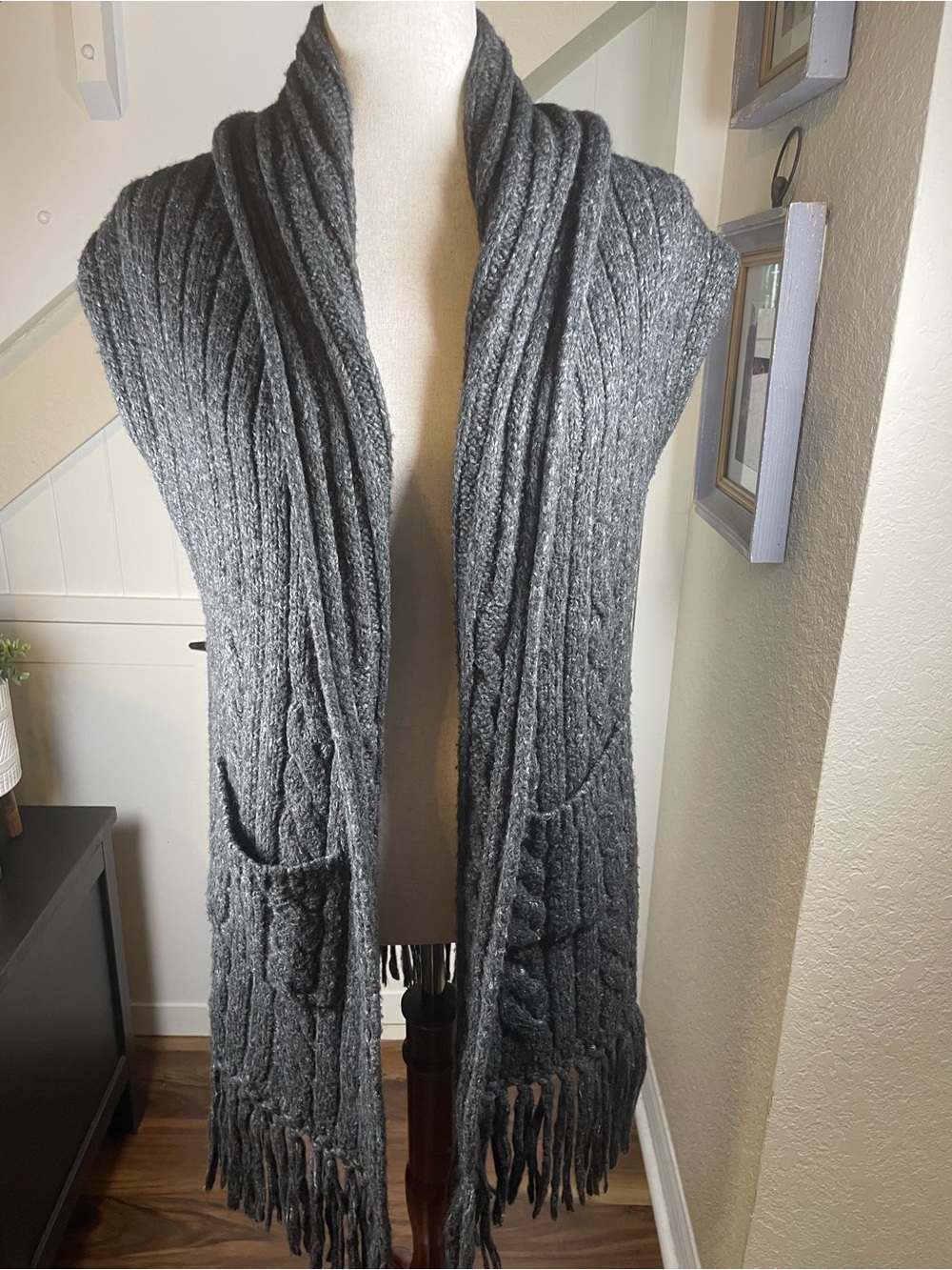 Cabi Charcoal Gray Cable Knit Fringe Duster Sweater Vest Cardigan Style 163 S